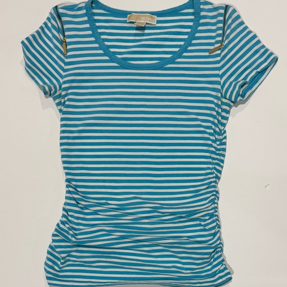 Michael Kors Tops - Michael Kors Striped Zip Shoulder Top Blue White Short Sleeve Size S